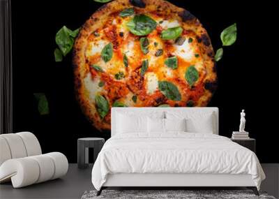 Top view of traditional Italian uncut Margherita pizza with tomatoes, mozzarella cheese and fresh basil leaves. Cheesy pizza isolated on black background with text and copy space Wall mural