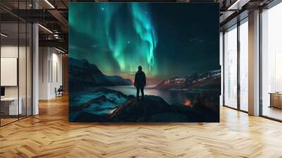 Aurora, A Person Stands in Awe of the Vivid Aurora Borealis, Graphical resource, Background, Wanderlust, Travel. Generative AI Wall mural