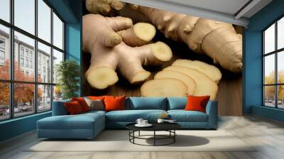 ginger root and ginger, ginger root on wooden board, ginger root on a board Wall mural