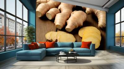 sliced root, ginger root on a chopping board Wall mural