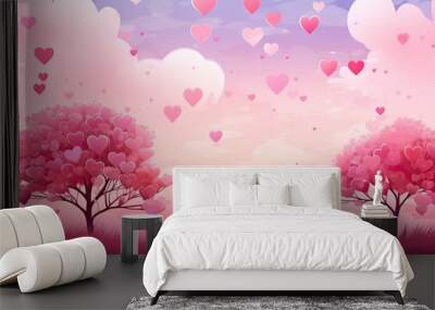 Free digital art many cartoon heart floating in the sky Wall mural