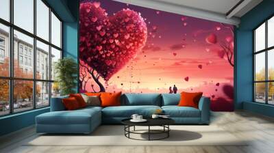 Free digital art many cartoon heart floating in the sky Wall mural