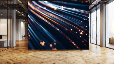 Abstract glowing lines on dark background illustrating high-speed optical fiber data transmission. Wall mural