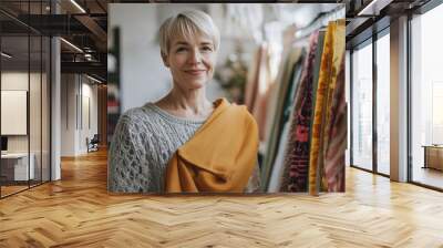 Fashion designer choosing fabrics, middle-aged white woman with short blonde hair, bright studio, clean layout, minimal elements, copy space Wall mural