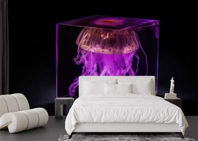 Purple glowing jellyfish in transparent cube Wall mural