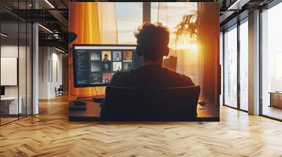 Remote worker on a video call during a webinar, actively discussing project details and fostering teamwork in a digital workspace. Wall mural