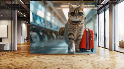 Stylish cat in sunglasses and harness sitting on a red suitcase at the airport. Wall mural