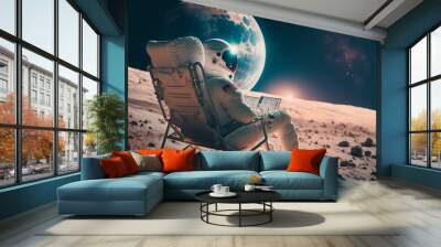 An astronaut sits on a chair on an alien planet and looking at the sky, the concept of travel and lifestyle of an astronaut on another planet, illustration art generated by ai Wall mural