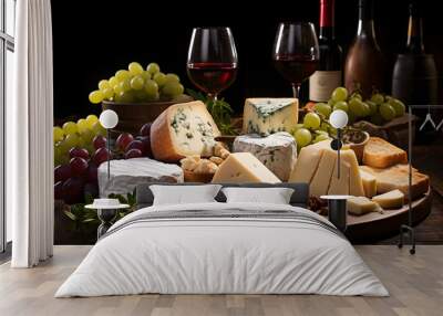 Assorted cheeses with wine, grapes, fruit and nuts on wooden board, composition with different types of cheeses Wall mural