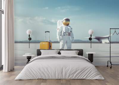 Astronaut with yellow travel suitcase on runway, airport or spaceport, banner with copy space Wall mural