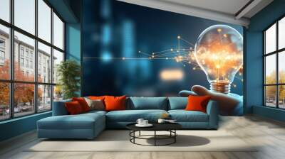 Digital marketing, Creative, New ideas and innovation for business growth, Light bulb shape and business icon with network connection, technology and digital data link on global, Generative AI Wall mural