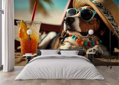 Dog with cocktail in straw Hawaiian hat and sunglasses on sea beach, Bernese mountain dog on summer vacation, created with ai Wall mural