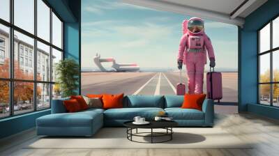 Female astronaut in pink space suit with travel suitcase going along the runway for flight at the airport or spaceport, banner with copy space, stylish space woman, generated ai Wall mural