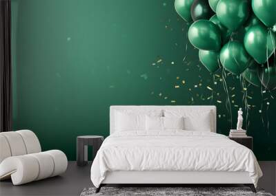 Festive banner with balloons on green blank background, party decoration with copy space area, panoramic holiday background  Wall mural