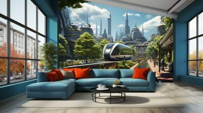 Futuristic city with dense planted trees and greenery, ecological cityscape of the future with electric transport and skyscrapers, modern buildings and trains Wall mural