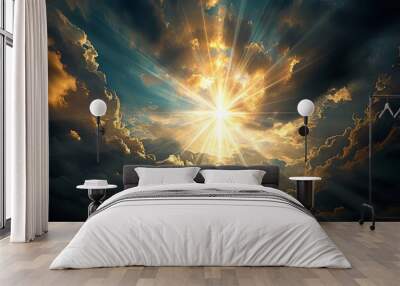 God light in heaven symbolizing divine presence, truth, spiritual illumination, God love and grace. Cross-shaped light beams blessing world with heavenly, Generative AI Wall mural