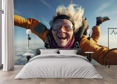 Happy skydiver senior woman do skydiving, freedom carefree concept - Generative AI Wall mural