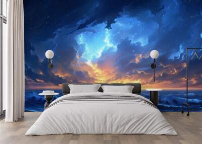 Illustration of a fabulous night sea with looming clouds Wall mural