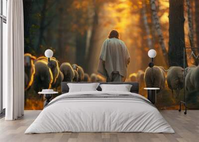 Jesus the good shepherd, guiding his sheep. A christian concept, Generative AI Wall mural