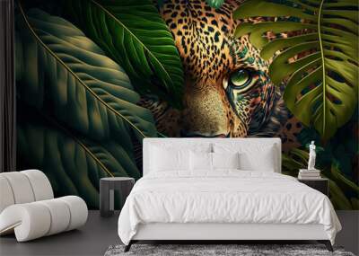 Leopard in the rainforest, jungle animal illustration, closeup Wall mural