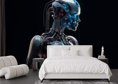 Robot girl isolated on black background. The concept of artificial intelligence, technology. Cyborg woman. Female android. Copy space. Scientific progress. ai generated Wall mural