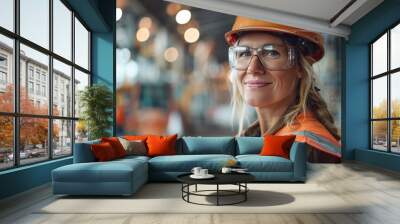 woman working on a construction site, construction hard hat and work vest, smiling, middle aged or older, Generative AI Wall mural