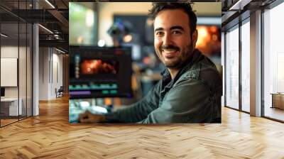 Male animator wearing casual attire with a big smile working in front of a computer screen displaying animation software reflecting creativity and dedication to animation Wall mural