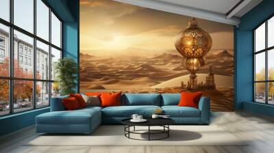 Ancient city of the sands in arabian desert with and the golden lamp. Wall mural