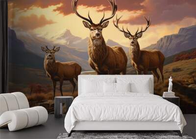 Herd of deer in the scottish highlands Wall mural