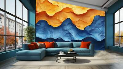 A blue and orange mountain range with a blue ocean in the background Wall mural