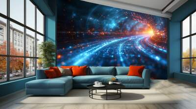 A blue and orange tunnel with a bright orange light at the end. AI. Wall mural