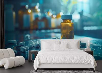 A bottle of pills is on a table with many other bottles Wall mural