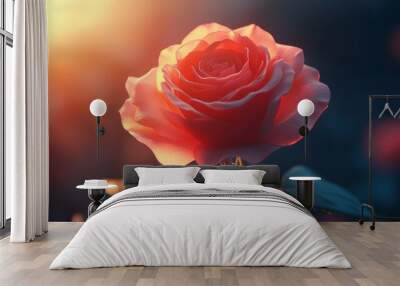 A close up of a red rose with a bright sun shining on it Wall mural