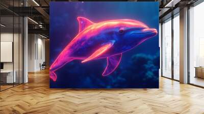 A dolphin is swimming in the ocean with a pink and blue color Wall mural