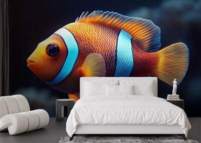 A fish with orange and white stripes swims in the water Wall mural