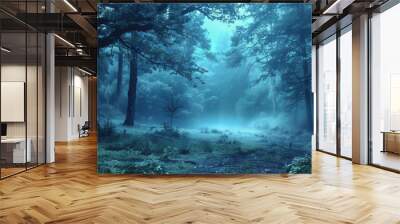 A forest at night with a foggy mist Wall mural