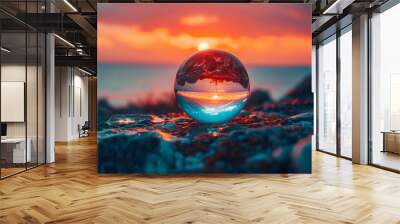 A glass ball is sitting on a rock by the ocean Wall mural