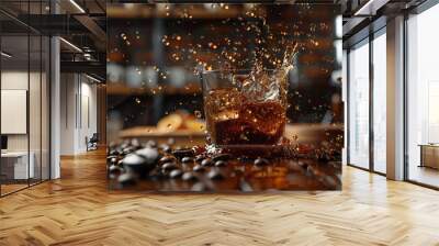 A glass of beer is splashing on a table with coffee beans Wall mural