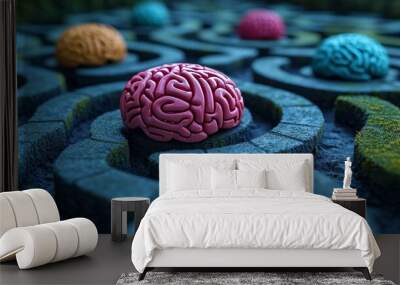 A group of colorful brain shaped objects are in a maze Wall mural