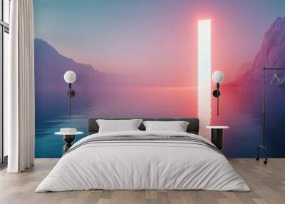 A large glowing red pillar is in the middle of a calm blue ocean Wall mural