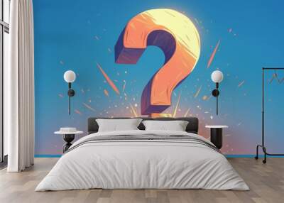 A large question mark is on a pedestal with a lot of fire and debris around it Wall mural