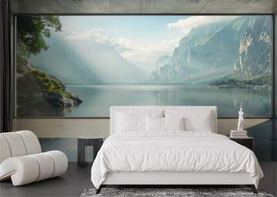 A large window overlooking a lake with mountains in the background Wall mural