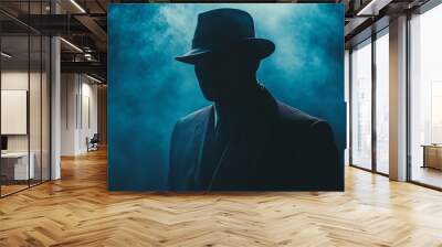 A man in a black suit and hat is standing in front of a blue background Wall mural