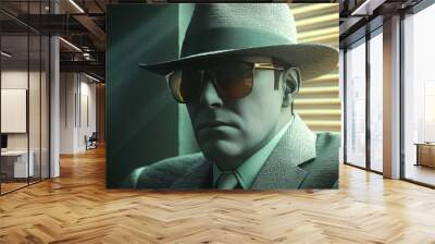 A man in a hat and sunglasses is sitting in a window Wall mural