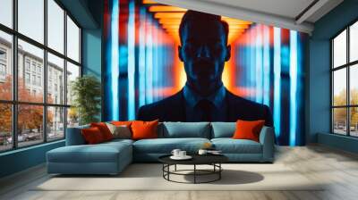 A man in a suit and tie stands in a dark room with neon lights Wall mural