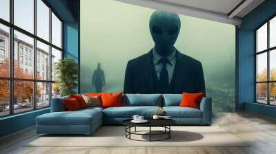 A man in a suit and tie stands in a foggy field Wall mural