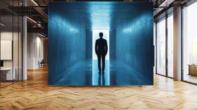 A man is walking down a long, dark hallway Wall mural