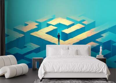 A man stands in front of a maze of blue blocks Wall mural