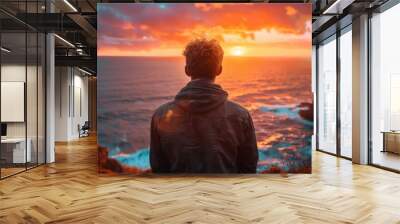 A man stands on a cliff overlooking the ocean, watching the sun set Wall mural