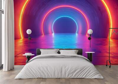 A neon tunnel with a blue light in the middle Wall mural